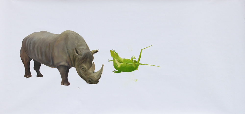 Rhino and Lizard Couple_2009_130x50cm_oil on paper